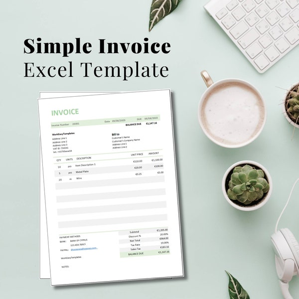 Simple Invoice Excel Google Sheets Template for small business, Fast Customizable Fully Editable, Easy to Use Spreadsheet