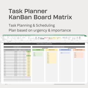 Task Planner KanBan Board Matrix Excel Template, Priority Task Tracker, Plan by priority, Schedule Delegate Tasks, Importance Urgency Plan