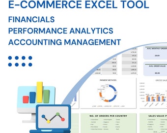Online Shop Accounting Financials and Analytics Excel Tool, for any e-commerce shop, easily manage accounting, track income, tax planner