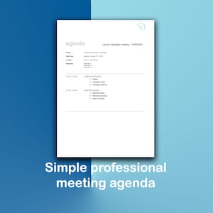May include: A simple, professional meeting agenda template with the title "Launch campaign meeting - 14/08/2023". The agenda includes sections for campaign strategy and campaign design, with time slots for each topic.