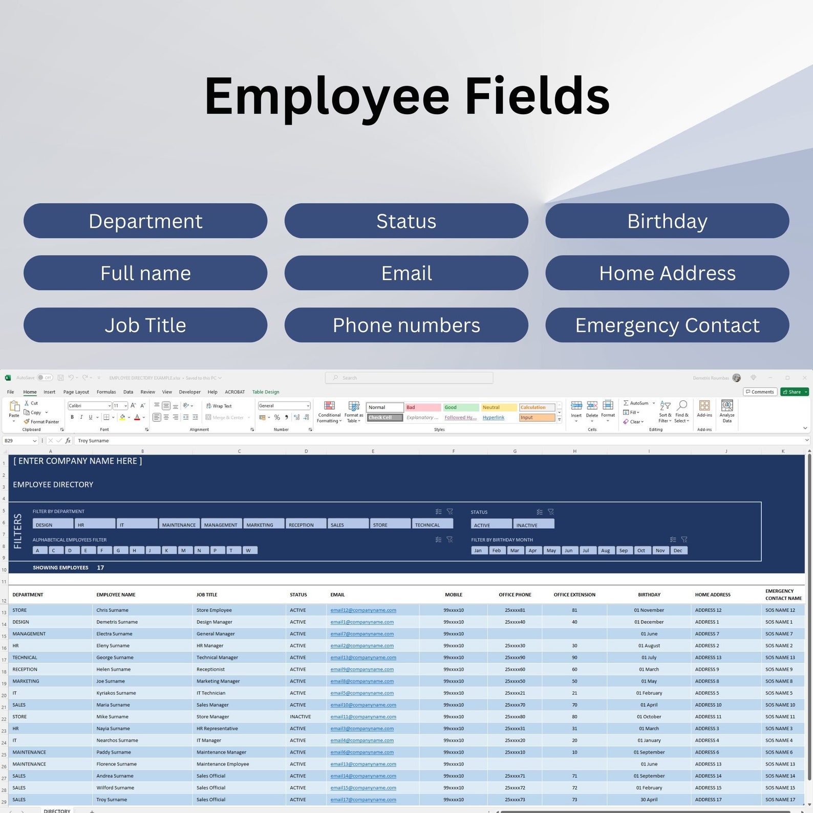 Company Employees Directory Contact List Excel Template. Contact List ...
