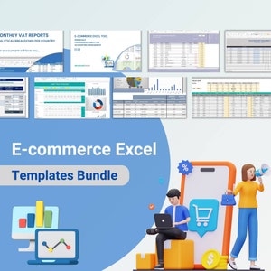 May include: A collection of colorful Excel templates for e-commerce businesses. The templates include charts, graphs, and tables for tracking sales, inventory, and other important metrics. The image also includes a cartoon illustration of a person working on a laptop and a smartphone with a shopping cart icon.
