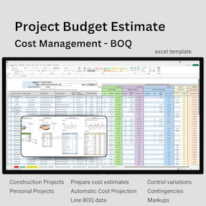 Project Budget Estimate and Cost Management Excel Spreadsheet Template, Simple BOQ analysis, track all project budget costs, forecast costs.
