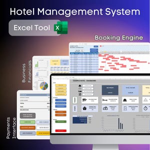 Könnte beinhalten: Ein Computerbildschirm zeigt ein Dashboard eines Hotelmanagementsystems mit Diagrammen und Grafiken. Das Dashboard zeigt wichtige Leistungsindikatoren wie Nettogewinn, Gesamteinkommen, Auslastung und durchschnittlichen Tagespreis. Das System umfasst auch eine Buchungsmaschine und eine Zahlungsschnittstelle.