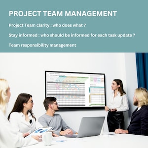 K&ouml;nnte beinhalten: Eine Gruppe von Personen sitzt an einem Tisch und betrachtet einen gro&szlig;en Bildschirm, auf dem ein Projektmanagement-Diagramm angezeigt wird. Das Diagramm zeigt Aufgaben, Fristen und den jeweiligen Teammitgliedern, die den Aufgaben zugewiesen sind. Der Text auf dem Bildschirm lautet "Projektteam-Verantwortlichkeitsmatrix".