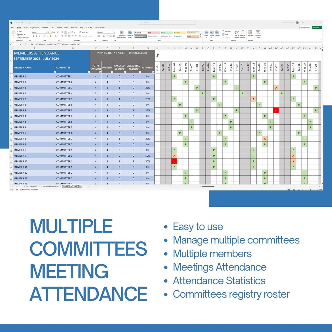Manage Multiple Committees Meetings Attendance, Excel Spreadsheet ...