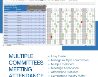 Manage Multiple Committees Meetings Attendance, Excel Spreadsheet Template, Members Registry Roster, Attendance Tracking, Easy and Fast