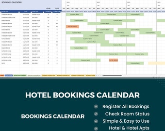 Hotel and Hotel Apartments Bookings Calendar Excel Spreadsheet Template, Custom Setup Rooms Guestrooms Configuration, Track Bookings