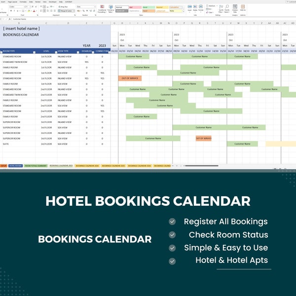 Hotel and Hotel Apartments Bookings Calendar Excel Spreadsheet Template, Custom Setup Rooms Guestrooms Configuration, Track Bookings