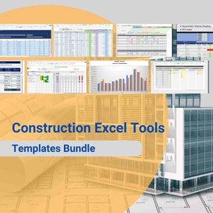 May include: A collage of images showcasing construction project management Excel templates. The images include spreadsheets, charts, and graphs. The text "Construction Excel Tools Templates Bundle" is displayed in the centre of the image.