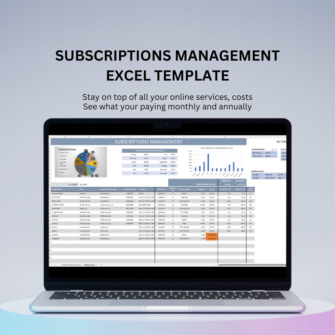 Subscriptions Management List Excel Google Sheets Spreadsheet, Manage ...