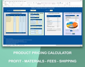 Product Pricing Profit Calculator, Easy Simple Excel Spreadsheet, Google Sheets, Materials, Labour, Fees, Shipping, Profit Margin Percentage