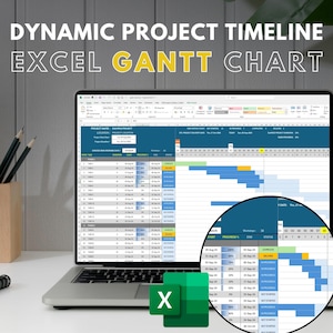 Puede incluir: Una pantalla de computadora portátil que muestra un diagrama de Gantt de Excel de línea de tiempo de proyecto dinámico. El diagrama muestra las tareas, las fechas de inicio y fin, el progreso y el estado. El diagrama está codificado por colores para indicar los diferentes tipos de tareas. El diagrama también es interactivo, lo que permite a los usuarios ajustar la línea de tiempo y ver diferentes niveles de detalle.