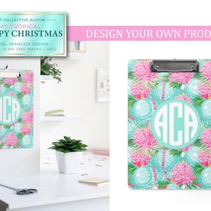 Cute custom clipboard in a tropical Preppy Christmas design. Aqua, green and pink poinsettias with ornaments inspired by Lily Pulitzer designs for the holidays featuring digital seamless designs and patterns used in a pretty, girly office setting.