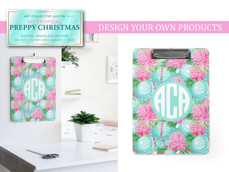 Cute custom clipboard in a tropical Preppy Christmas design. Aqua, green and pink poinsettias with ornaments inspired by Lily Pulitzer designs for the holidays featuring digital seamless designs and patterns used in a pretty, girly office setting.