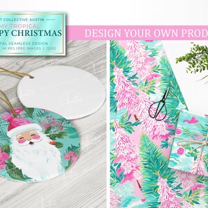 Tropical Preppy Christmas in Aqua, pink and green palette inspired by Lily Pulitzer designs for the holidays featuring digital seamless designs patterns for custom ornaments and cute holiday gift wrap, wrapping paper with twine and DIY gift tags.