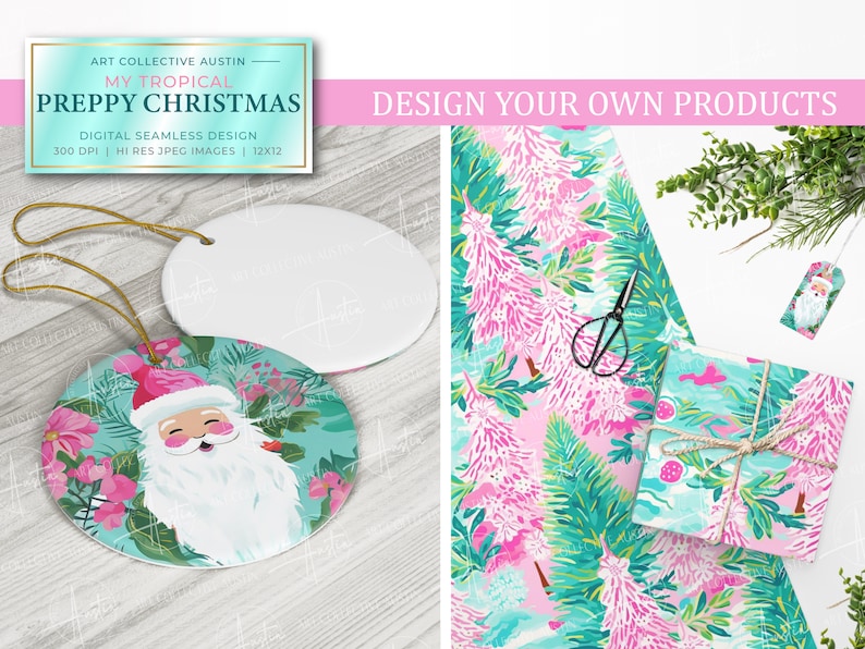 Tropical Preppy Christmas in Aqua, pink and green palette inspired by Lily Pulitzer designs for the holidays featuring digital seamless designs patterns for custom ornaments and cute holiday gift wrap, wrapping paper with twine and DIY gift tags.