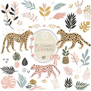 Puede incluir: Un conjunto de más de 50 elementos de arte digital que incluyen leopardos de color rosa pálido y marrón, hojas tropicales y corazones. El texto "Blushing Leopard" está en un círculo con un contorno negro.