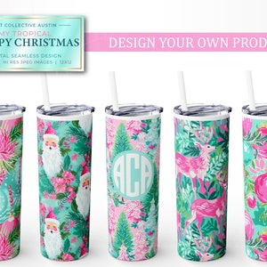 Tropical Preppy Christmas in Aqua, pink and green palette inspired by Lily Pulitzer designs for the holidays featuring digital seamless designs patterns for tumblers and cups shown in a set of 5 with Santas, Reindeers and pink and turquoise ornaments