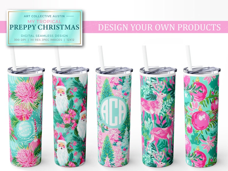 Tropical Preppy Christmas in Aqua, pink and green palette inspired by Lily Pulitzer designs for the holidays featuring digital seamless designs patterns for tumblers and cups shown in a set of 5 with Santas, Reindeers and pink and turquoise ornaments