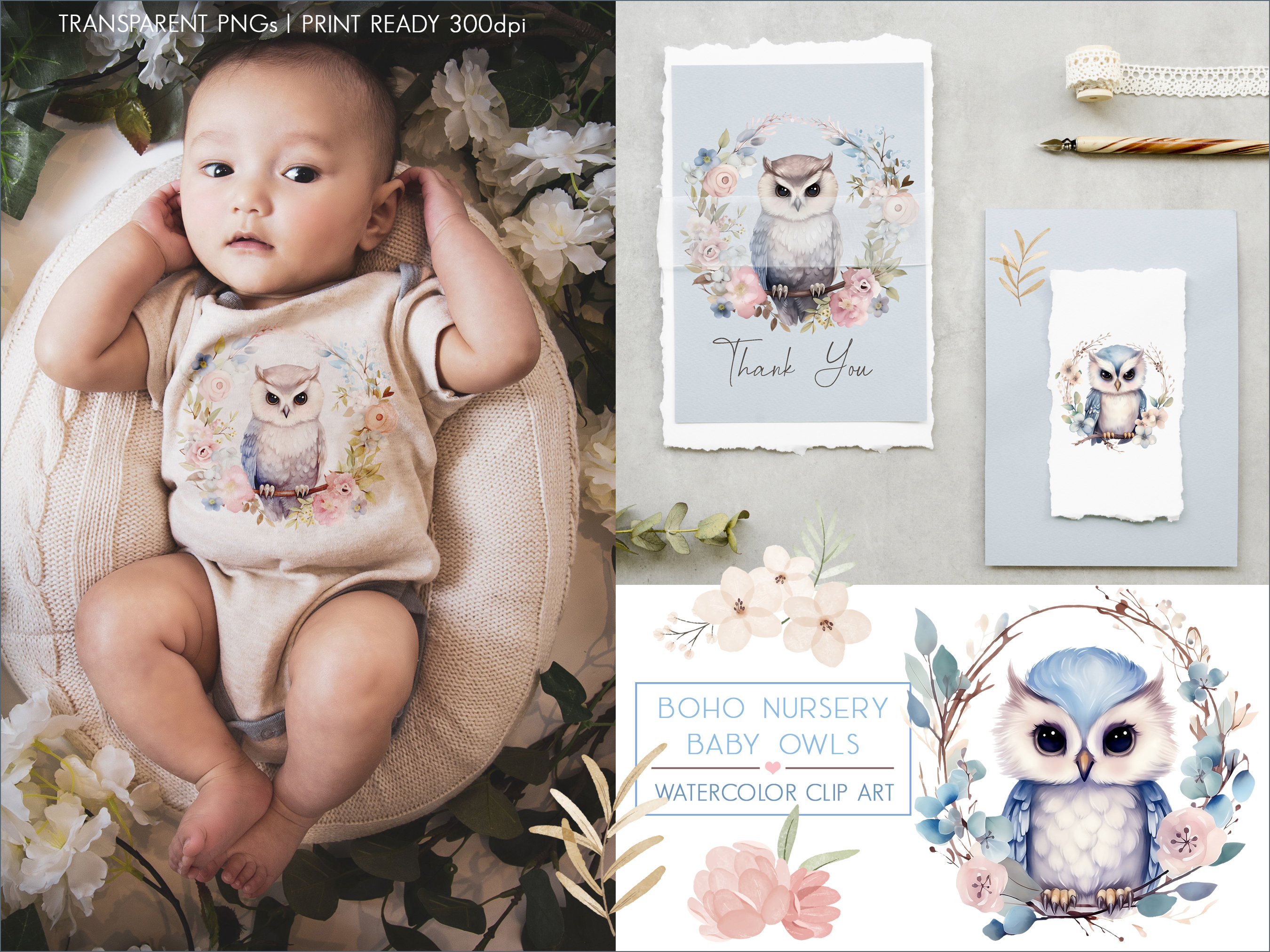 Boho Baby Owls Nursery Art Woodland Animals Decor Owl Art Prints Baby Shower Invitations Blue Flower