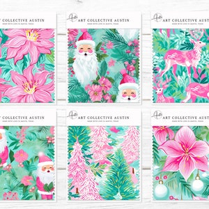 Tropical Preppy Christmas in Aqua, pink and green palette inspired by Lily Pulitzer designs for the holidays featuring digital seamless patterns for custom fabrics with Christmas Ornaments, Christmas Trees, Reindeers, Pink Santas and pretty flowers.