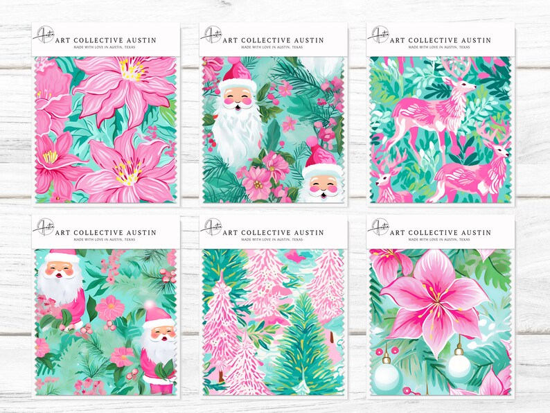 Tropical Preppy Christmas in Aqua, pink and green palette inspired by Lily Pulitzer designs for the holidays featuring digital seamless patterns for custom fabrics with Christmas Ornaments, Christmas Trees, Reindeers, Pink Santas and pretty flowers.