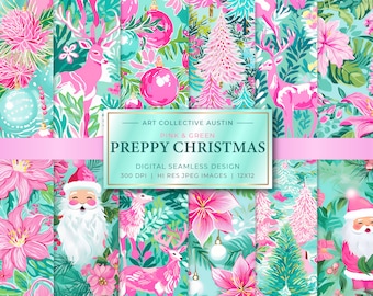Preppy Julpapperstryck Preppy Stil Rosa Julmönster Preppy Estetiska Tygmönster Palm Beach Sömlösa Mönster Presentidéer