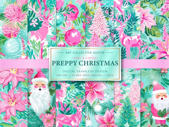 Christmas Paper Patterns Preppy Patterns Palm Beach Tropical Designs Mint Green Holiday Gift Ideas Seamless Patterns Pink Christmas Trees