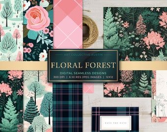 Rosa preppy presentpapper julpapper sömlösa digitala pappersmönster julmönster mintgrön julgranar omslagspapper design