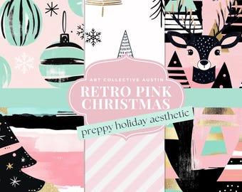 NYTT * Retro Preppy Jul Nedladdningsbart Seamless Mönster Digitalt Papper, Julmönster, Ornamentmönster, Renmönster, Tumbler Wrap