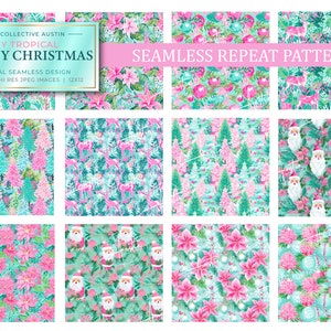 Tropical Preppy Christmas in Aqua, pink and green palette inspired by Lily Pulitzer designs for the holidays featuring digital seamless patterns for products with Christmas Ornaments, Christmas Trees, Reindeers, Santa, tropical flowers and leaves.