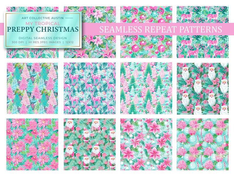 Tropical Preppy Christmas in Aqua, pink and green palette inspired by Lily Pulitzer designs for the holidays featuring digital seamless patterns for products with Christmas Ornaments, Christmas Trees, Reindeers, Santa, tropical flowers and leaves.