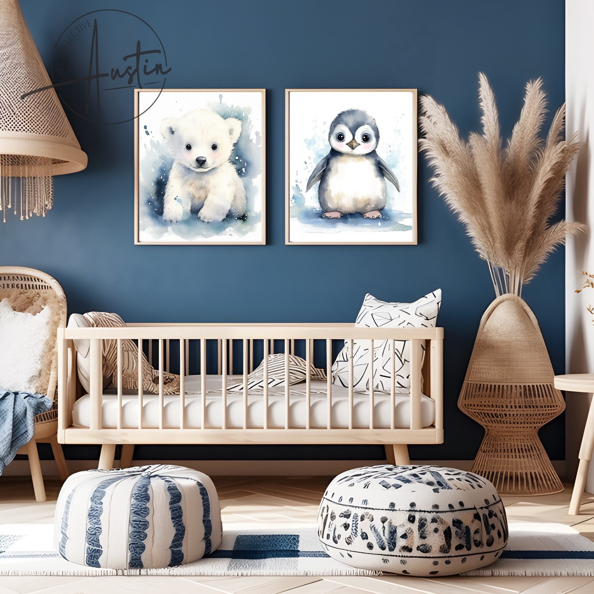 Blue Nursery Art Boho Baby Animals Nursery Decor Prints Nursery Wall ...