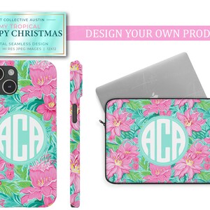 Tropical Preppy Christmas in Aqua, pink and green floral palette inspired by Lily Pulitzer designs for the holidays featuring digital seamless design patterns for phone cases and device laptop sleeves for custom designed products for resell.