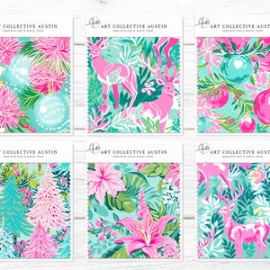 Tropical Preppy Christmas in Aqua, pink and green palette inspired by Lily Pulitzer designs for the holidays featuring digital seamless patterns for custom fabrics with Christmas Ornaments, Christmas Trees, Reindeers, tropical flowers and lush leaves