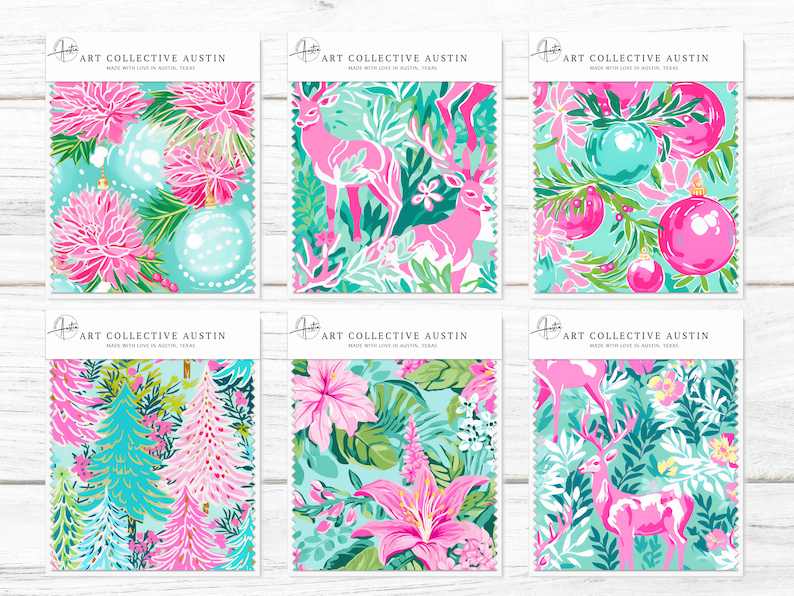 Tropical Preppy Christmas in Aqua, pink and green palette inspired by Lily Pulitzer designs for the holidays featuring digital seamless patterns for custom fabrics with Christmas Ornaments, Christmas Trees, Reindeers, tropical flowers and lush leaves