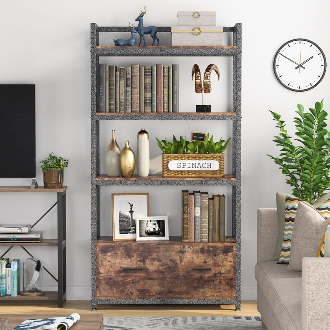 63H Filing Bookshelf Combo Rustic Bookshelf Black Etsy