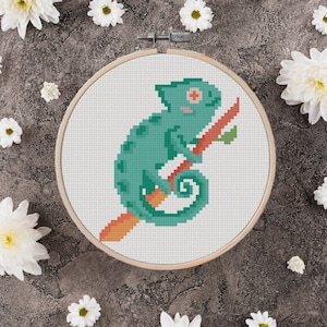 Chameleon on a branch cross stitch pattern, simple cross stitch, cute embroidery, PDF pattern