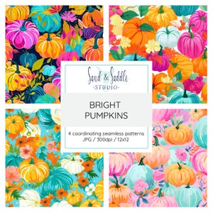 Seamless Repeating Patterns: Bright Pumpkins | 4 Fall Seamless Prints | Autumn Decor, Crafts, Sublimation | Painted Pumpkins | Digital Paper