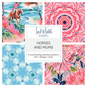 Patrones repetitivos sin costuras: caballos y mamás / 4 estampados sin costuras de caballos y mamás tropicales coordinados / decoración, manualidades y arte en rosa y azul