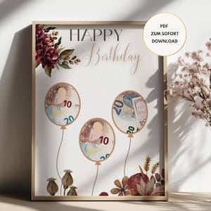 Geldgeschenk Geburtstag zum ausdrucken, DIY Geburtstagsgeschenk im Bilderrahmen, PDF zum Sofortdownload für Freundin, Oma, Tochter, Kollegin