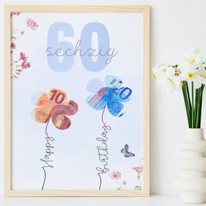 Geldgeschenk 60 Geburtstag im Bilderrahmen zum ausdrucken, DIY-Last-Minute-Geldgeschenk, PDF Download