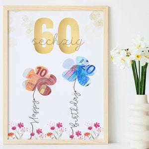 Geldgeschenk 60 Geburtstag im Bilderrahmen, DIY-Last-Minute-Geldgeschenk zum ausdrucken, PDF Sofort-Download