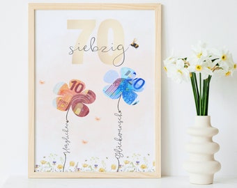 Cash gift 70th birthday to print, 70th birthday gift in a picture frame, DIY birthday gift, PDF instant download