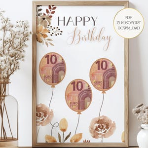 Presente de aniversário em dinheiro para imprimir - presente de aniversário DIY rápido em um porta-retratos, download de PDF