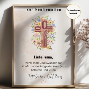 May include: A white card with a floral cross made of a 100 Euro bill. The card has the text "Zur Konfirmation" at the top, "Liebe Anna" in the middle, and a message wishing the recipient well. The card is signed "Tante Sandra & Onkel Thomas".