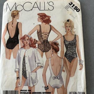 May include: McCall's sewing pattern featuring illustrations of swimsuits. The pattern includes various swimsuit styles, including a black one with a bow, a leopard print, and a zebra print. The pattern number is 3150.