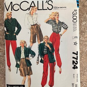 May include: A vintage McCall's sewing pattern for a women's pants and top outfit. The pattern is for size 10, bust 32 1/2 inches. The pattern features a red and white plaid top, a red pair of pants, and a green jacket. The pattern is from a Norton Simon Inc. company and costs $3.00.