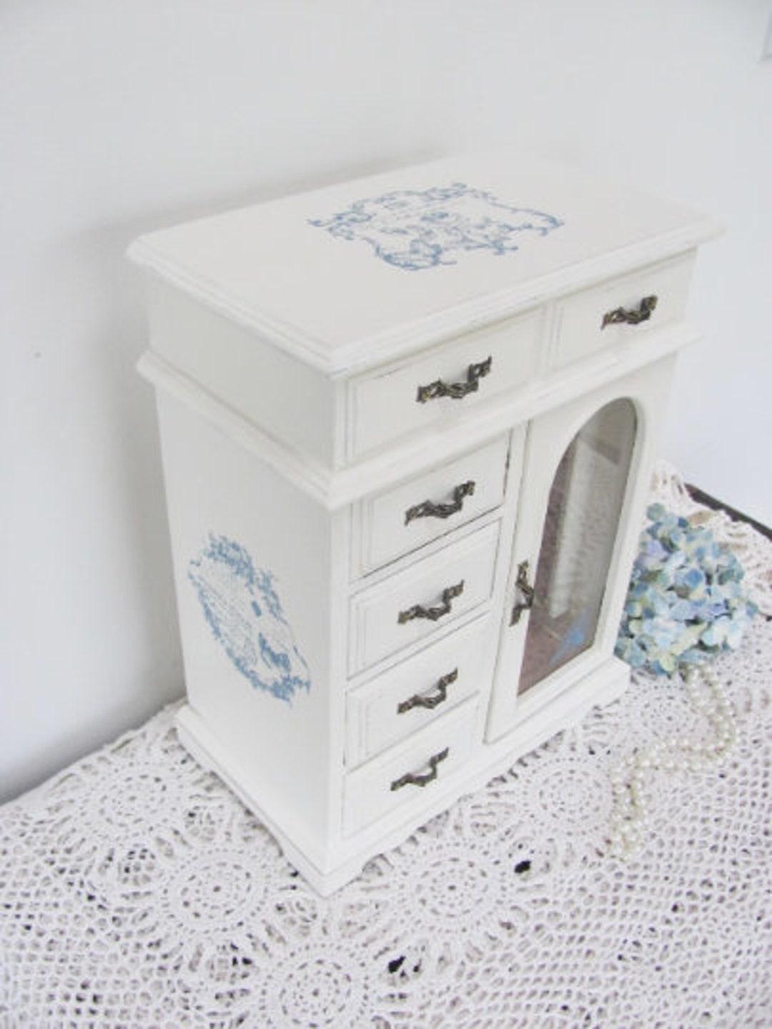 Large Jewelry Box White Vintage Jewelry Armoire Blue French Etsy